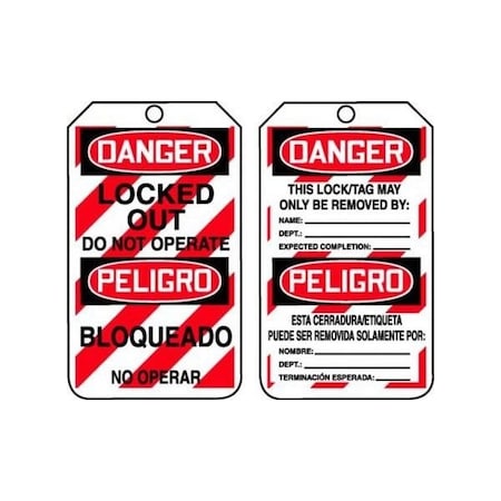 Accuform Safety Tags, DANGER LOCKED OUT DO NOT OPERATE BILINGUAL SPANISH-MEXICAN, 5.75in x 3.25in, 25PK TMS238CTP